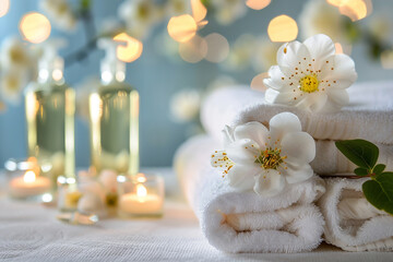 Obraz na płótnie Canvas A stack of plush towels adorned with delicate flowers and candles, creating a serene atmosphere on a table. Generative AI