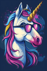 An organism with the jaw of a horse, this unicorn is a pack animal with an electric blue and magenta mane. Its sunglasses and colorful mane could be mistaken for a piece of art or a painting