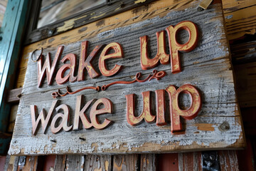 Wake up sign with red and yellow letters