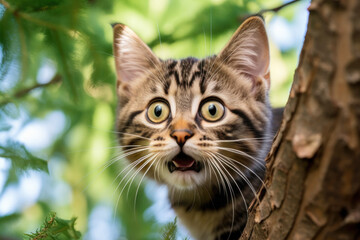 Naklejka na ściany i meble Curious Cat Peering from a Tree. An adorable striped kitten with wide eyes peeks curiously from behind a tree in a lush garden.