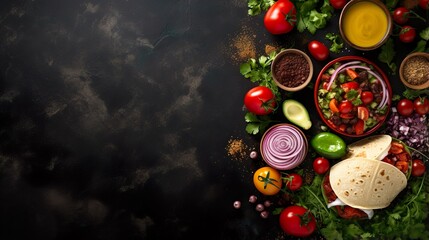 food background. Vegetables and spices on black background. Top view.
