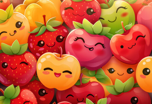 Naklejki A bunch of cartoon fruits with smiling faces on them