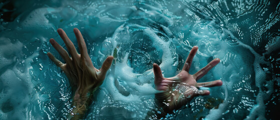 A hand is in the water with the other hand on top of it - obrazy, fototapety, plakaty