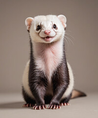 Friendly ferret sitting on a brown background with a spectacular smile.