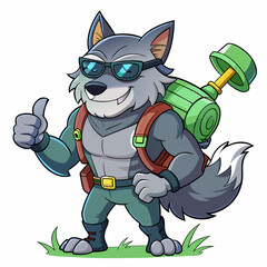 artoonish Gray color wolf, heroic-looking with muscles with backpack blower on his back giving thumbs up gesture, holding lawn equipment on other hand, wearing sunglass,  full body