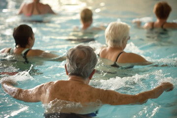 Older adults taking water running classes at a local pool and whose spirits are lifted. Generative AI.