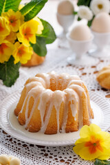 Bundt cake, Babka covered with icing,  close up view.  Traditional Easter dessert