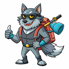 artoonish Gray color wolf, heroic-looking with muscles with backpack blower on his back giving thumbs up gesture, holding lawn equipment on other hand, wearing sunglass,  full body