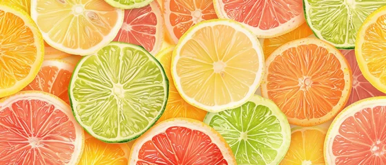 Foto op Plexiglas A close up of many different colored citrus fruits, including oranges, lemons © Pongsapak