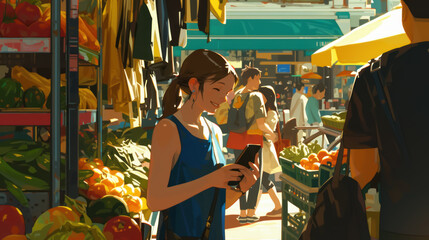 A woman is looking at her phone while shopping in a market
