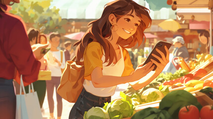 A girl is looking at her phone in a market