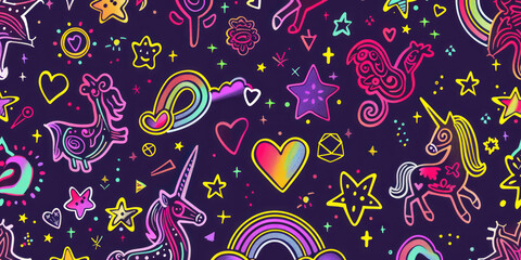 A colorful and whimsical background featuring unicorns, stars