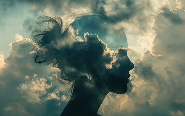 A woman's head is shown in a cloudy sky