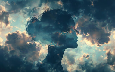 A woman's face is shown in a cloudy sky - obrazy, fototapety, plakaty