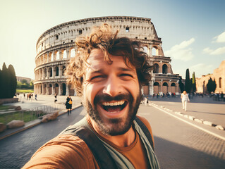 Happy tourist man taking a selfie with the Colosseum in Italy, still thinking about traveling to Italy.