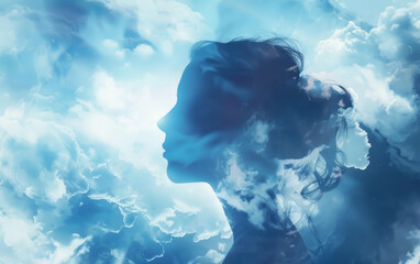 A woman's silhouette is shown against a blue sky - obrazy, fototapety, plakaty