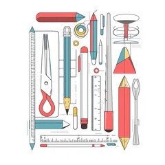 A collection of writing and drawing tools, including pencils, pens, rulers