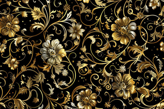 A gold and black floral patterned fabric