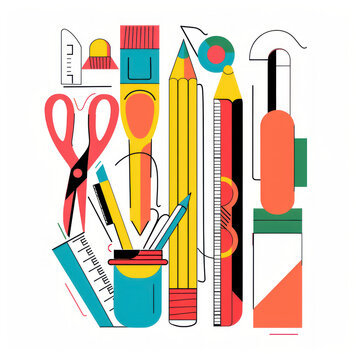 A drawing of a bunch of school supplies including a ruler, scissors, and pencils