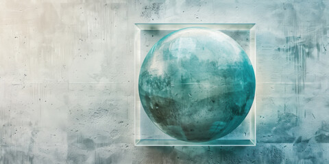 A blue sphere is in a square glass case - obrazy, fototapety, plakaty