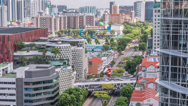 Singapore skyline with Victoria street and National Library aerial timelapse.