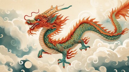 Fototapeta na wymiar Oriental traditional Dragon artwork on red background. Lunar New Year Celebration
