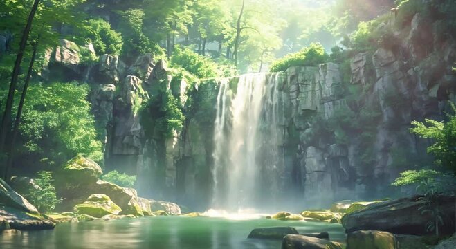 tranquil view of a small waterfall in the forest, infinitely repeating time-lapse virtual 4k video animation background