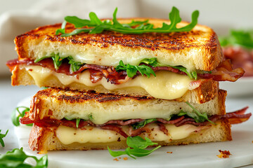 Closeup grilled delicious croque monsieur sandwich. Toast sandwich with cheese and bacon served on wooden plate in restaurant. Melted cheese and fried slices of bacon