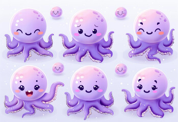 A set of six cartoon octopuses with different expressions