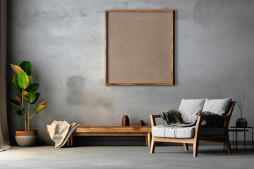 Contemporary living room ambiance with wooden furniture and mock-up poster frame on textured concrete wall.