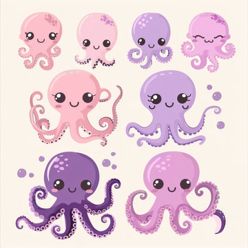 A set of cute octopuses with different colors and sizes