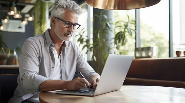 Middle aged man working on a laptop in his modern office