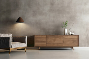 Contemporary living room with wooden cabinet and dresser against textured concrete wall. Mock-up...
