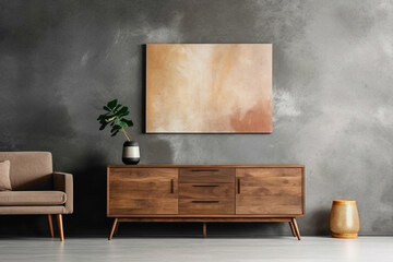 Contemporary living room with wooden cabinet, dresser, and mock-up poster frame against textured concrete backdrop.