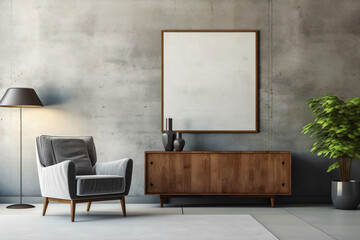 Contemporary living room with wooden cabinet, dresser, and mock-up poster frame against textured...