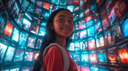 Futuristic Entertainment Portal: Indian Girl Smiles Before Floating Movie Posters on Semi-Circular Wall. Streaming platforms and sites concept.