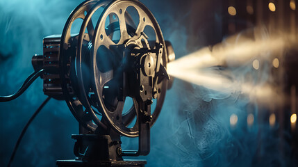 film projector on a wooden background with dramatic lighting and selective focus Old style movie projector, close-up, Generative Ai