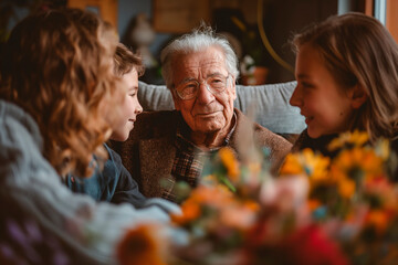 Elderly grandfather being visited by his family and grandchildren in his home, featuring multigenerational people. Tenderness and affectionate moment  - obrazy, fototapety, plakaty