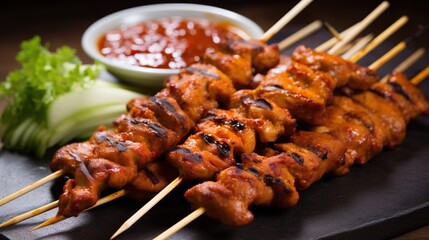 Grilled chicken satay skewers with peanut butter sauce.