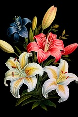 bouquet of beautiful and delicate lilies of different colors