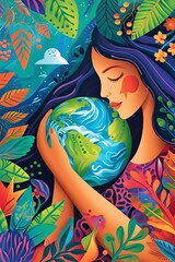 beautiful illustration, a woman cradling the earth on earth day