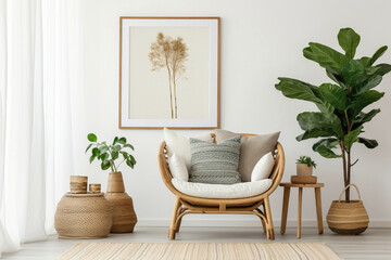 Fototapeta na wymiar Discover the bohemian elegance of a stylish living room with a wicker chair, floor vases, and a blank mockup poster frame against a clean white backdrop.