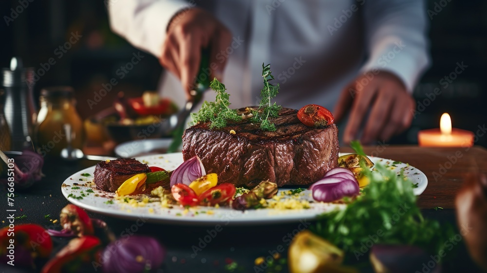 Wall mural smiling chef working with coworker taking orders in background at kitchen