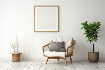 Discover the bohemian elegance of a stylish living room with a wicker chair, floor vases, and a blank mockup poster frame against a clean white backdrop. - obrazy, fototapety, plakaty