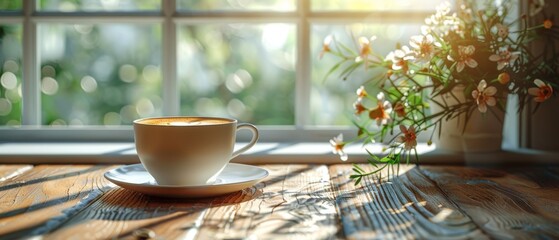 Standing in front of the window is a freshly brewed cup of coffee - obrazy, fototapety, plakaty