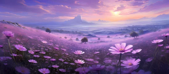 Papier Peint photo Lavable Aubergine A stunning natural landscape featuring a field of purple flowers with violet petals against a plain horizon, with a sunset in the background and clouds scattered in the sky