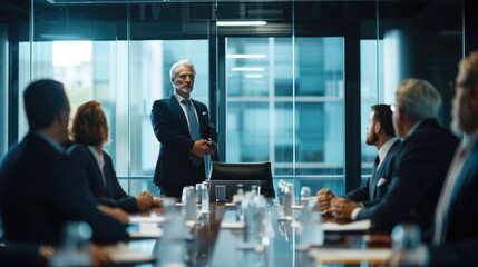 A confident senior executive stands at the head of the boardroom table, leading a strategic meeting with the corporate team. AIG41