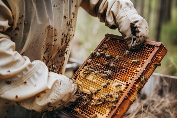 The beekeeper takes out a frame of honey from the hive. generative ai - obrazy, fototapety, plakaty