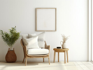 Discover the perfect blend of modern and boho styles in a living room adorned with a wicker chair, floor vases, and a blank mockup poster frame against a pristine white wall.