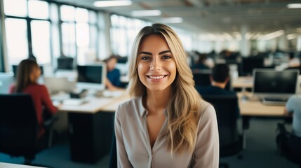 A woman is smiling in front of a computer monitor